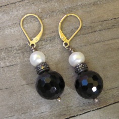 Onyx Marchesite and Pearl Earrings