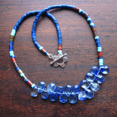 Lapiz lazuli and carneilan heishi beads with glass teardrops necklace Necklace